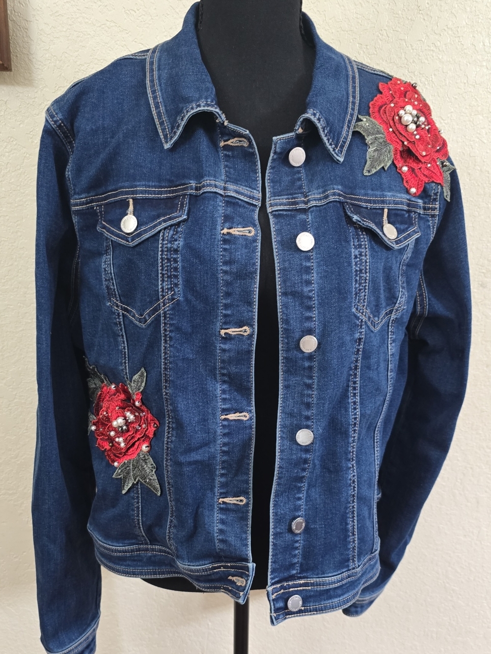 French Dressing Jeans Dark Blue Denim  Silver Button-up ROSE CORSAGE Jacket
